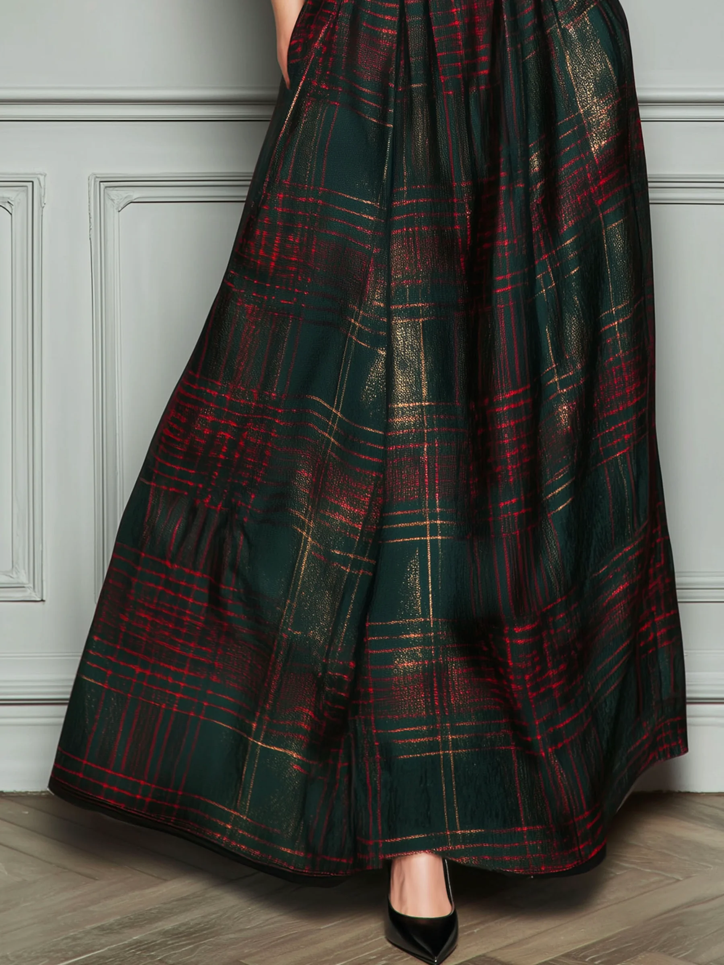 ManukarX Black Velvet Plaid Maxi Dress - Elegant V-Neck Patchwork Fit