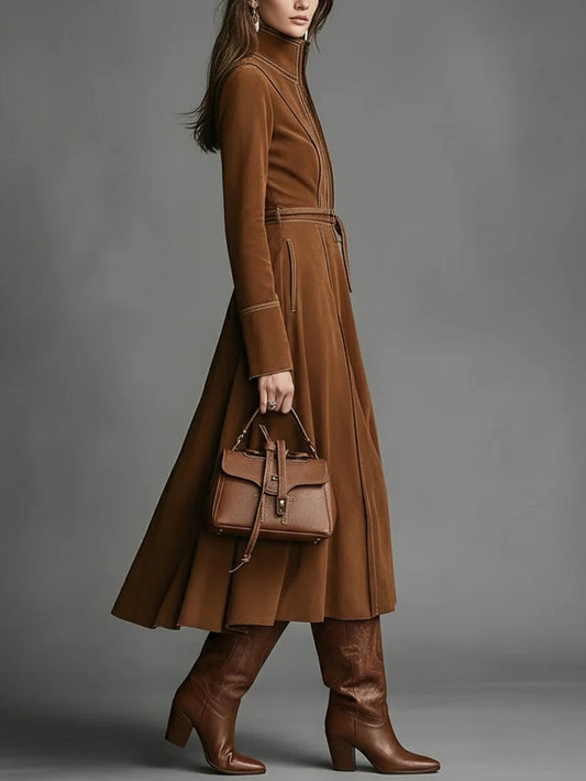 ManukarX Brown Faux Suede Maxi Dress - Front Zippered Belted Fit