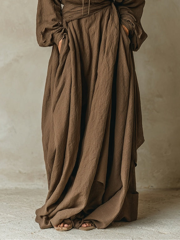 ManukarX Brown Maxi Dress - Hooded Faux Cotton Linen Loose Fit