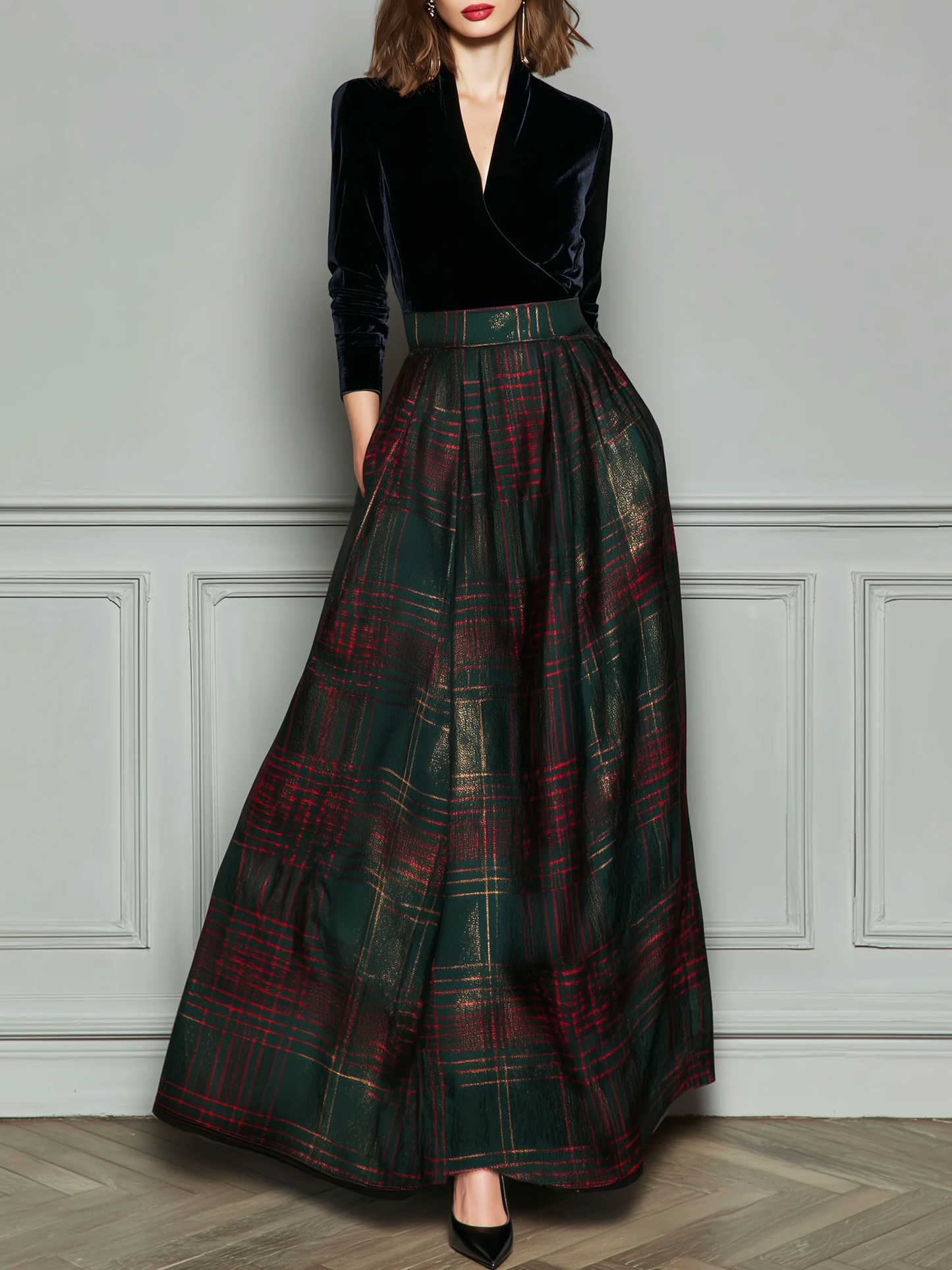 ManukarX Black Velvet Plaid Maxi Dress - Elegant V-Neck Patchwork Fit