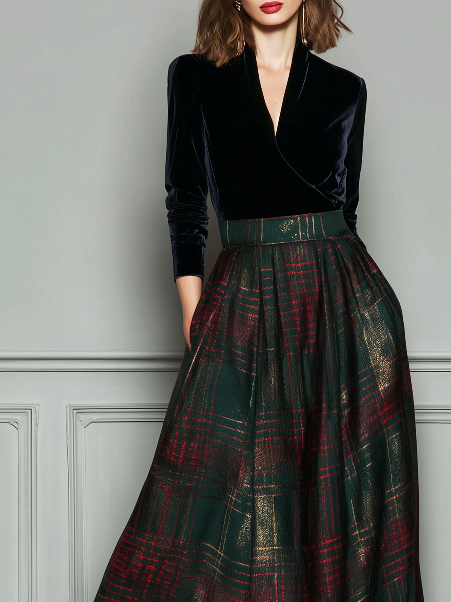 ManukarX Black Velvet Plaid Maxi Dress - Elegant V-Neck Patchwork Fit