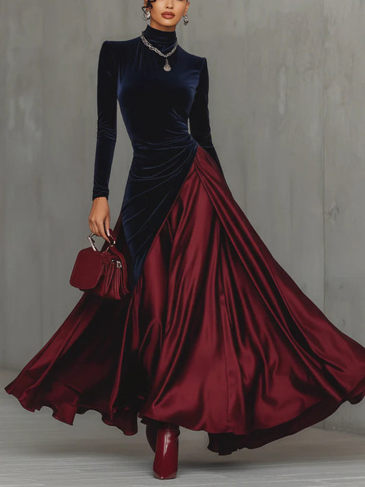 ManukarX Blue Velvet and Burgundy Satin Maxi Dress - Color Block