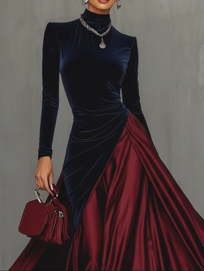 ManukarX Blue Velvet and Burgundy Satin Maxi Dress - Color Block
