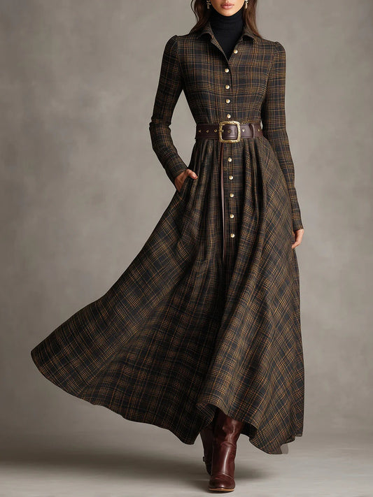 ManukarX Brown & Black Plaid Maxi Dress - Belted Shirt Fit