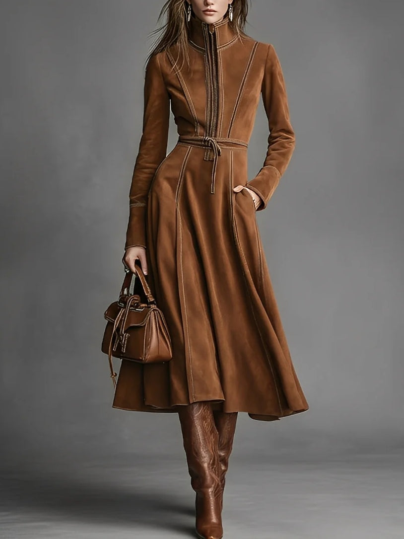 ManukarX Brown Faux Suede Maxi Dress - Front Zippered Belted Fit