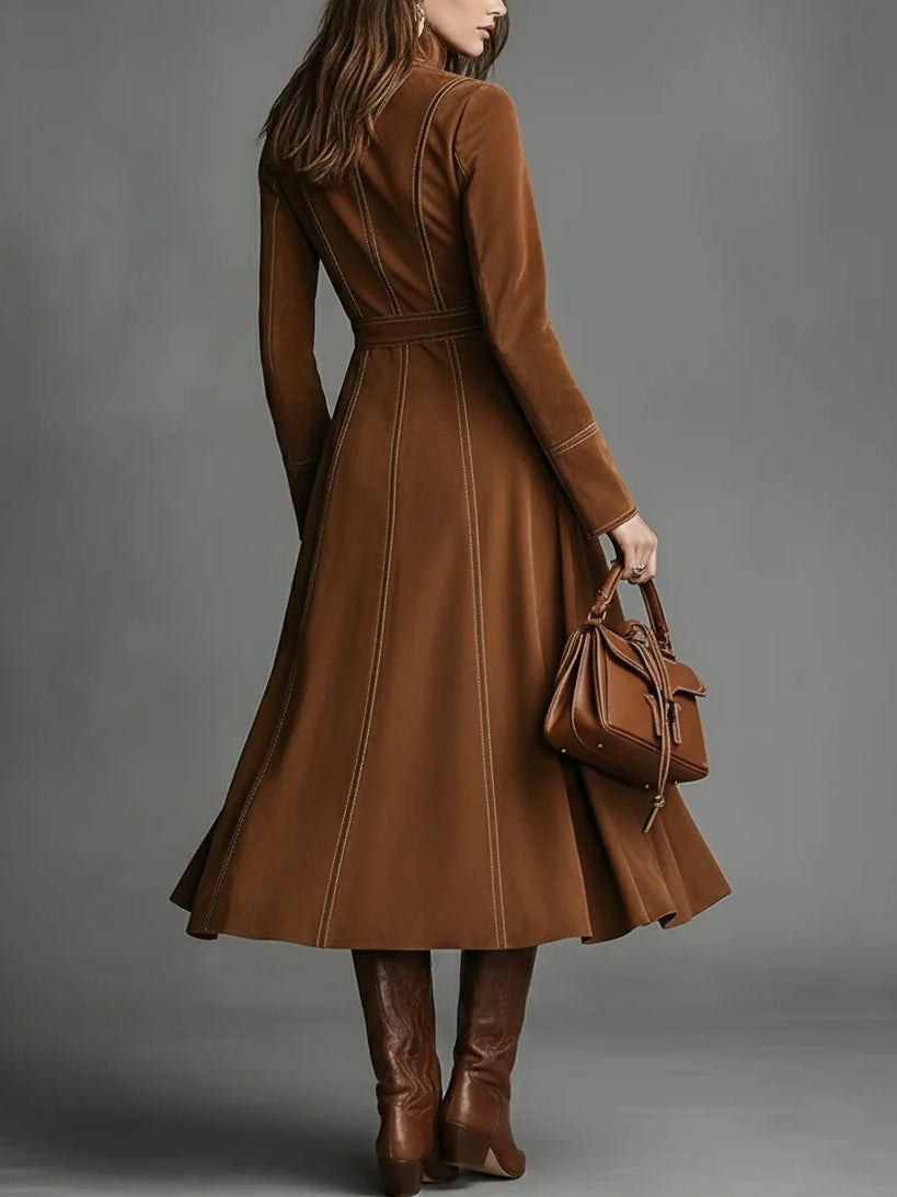 ManukarX Brown Faux Suede Maxi Dress - Front Zippered Belted Fit