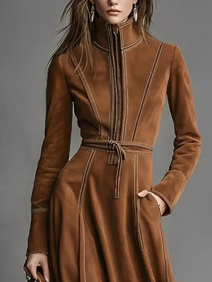 ManukarX Brown Faux Suede Maxi Dress - Front Zippered Belted Fit