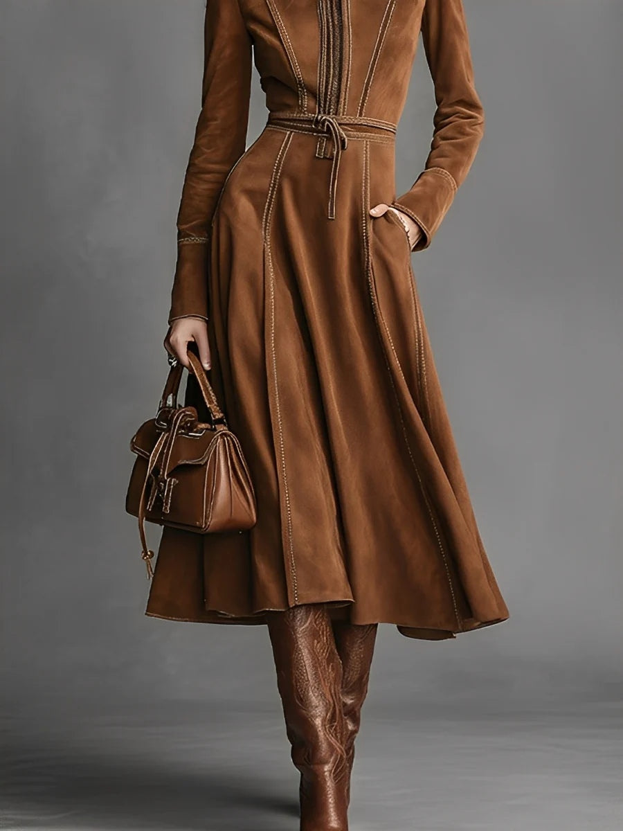ManukarX Brown Faux Suede Maxi Dress - Front Zippered Belted Fit