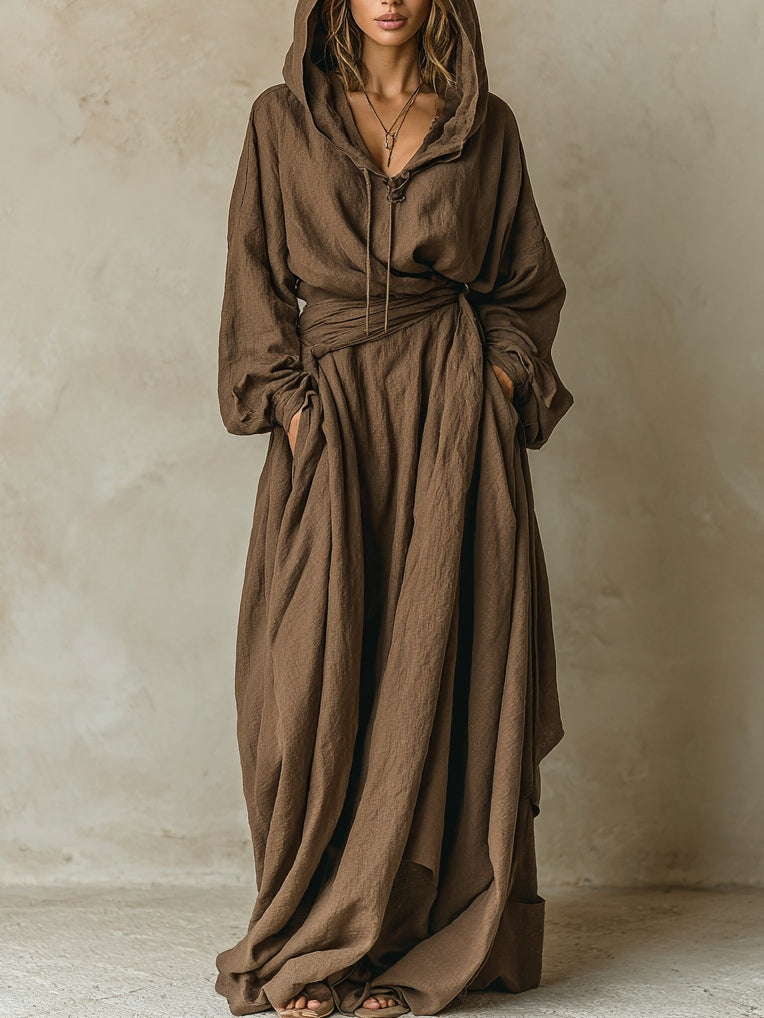 ManukarX Brown Maxi Dress - Hooded Faux Cotton Linen Loose Fit
