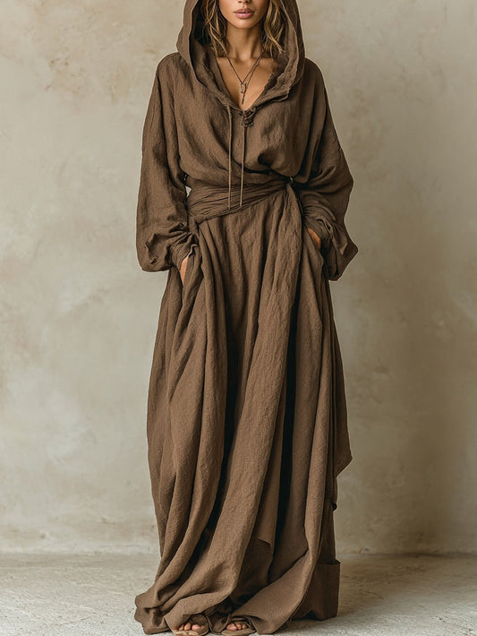 ManukarX Brown Maxi Dress - Hooded Faux Cotton Linen Loose Fit