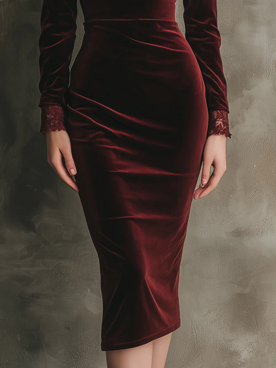 ManukarX  Burgundy Velvet V-Neck Midi Dress - Elegant Lace Trim