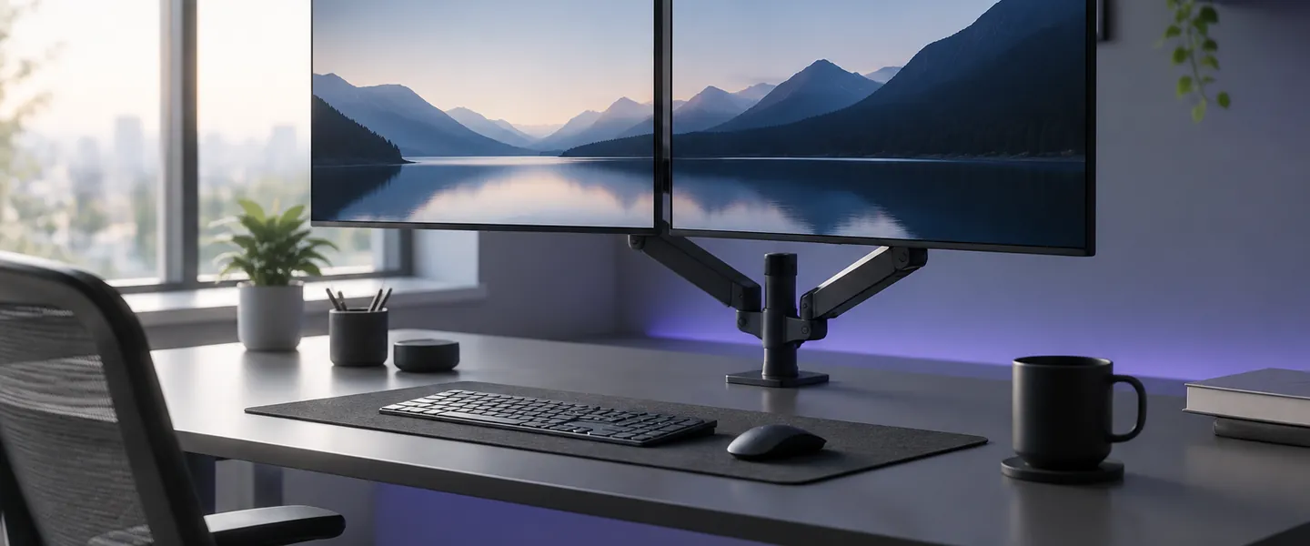 Monitor arms and multi-monitor stands on a modern desk